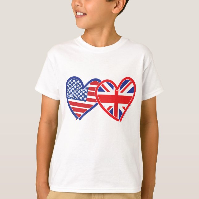 American Flagga/Union Jack Flagga Hearts Tee Shirt (Framsida)