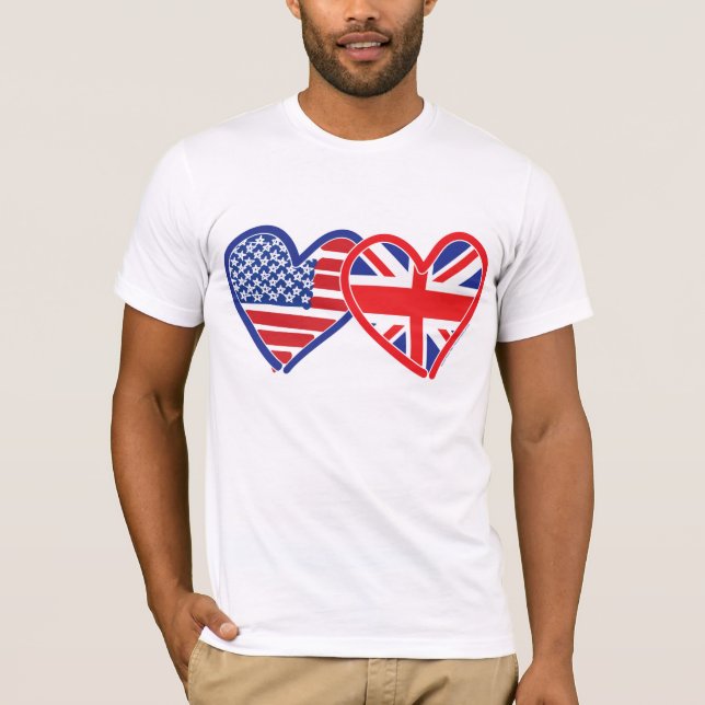 American Flagga/Union Jack Flagga Hearts Tee Shirt (Framsida)