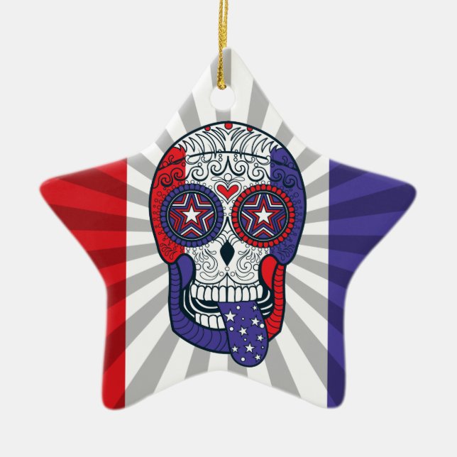 American Flagga USA Färg Patriotic Sugar Skull Julgransprydnad Keramik (Framsidan)