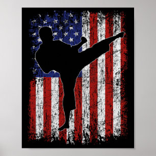 American Flagga Usa High Kick Karate Silhouette Pa Poster