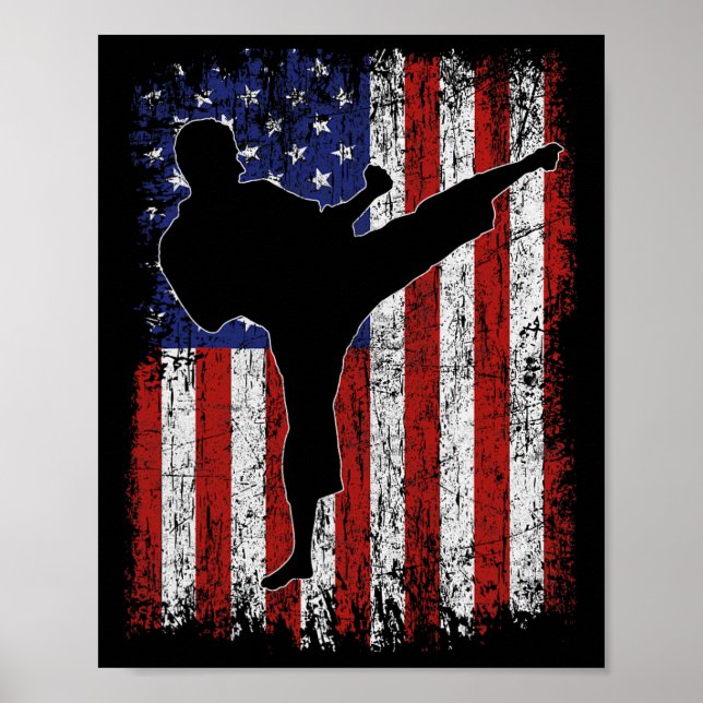 American Flagga Usa High Kick Karate Silhouette Pa Poster (Framsidan)