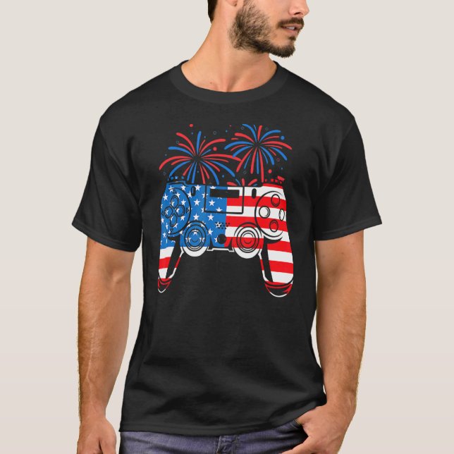 American Flagga Video Game Controller Lycklig 4:e  T Shirt (Framsida)