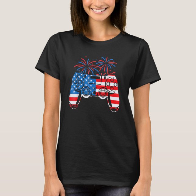 American Flagga Video Game Controller Lycklig 4:e  T Shirt (Framsida)