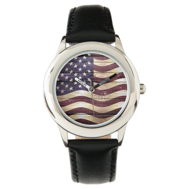 American Flagga Vintage Wood Armbandsur (Framsida)