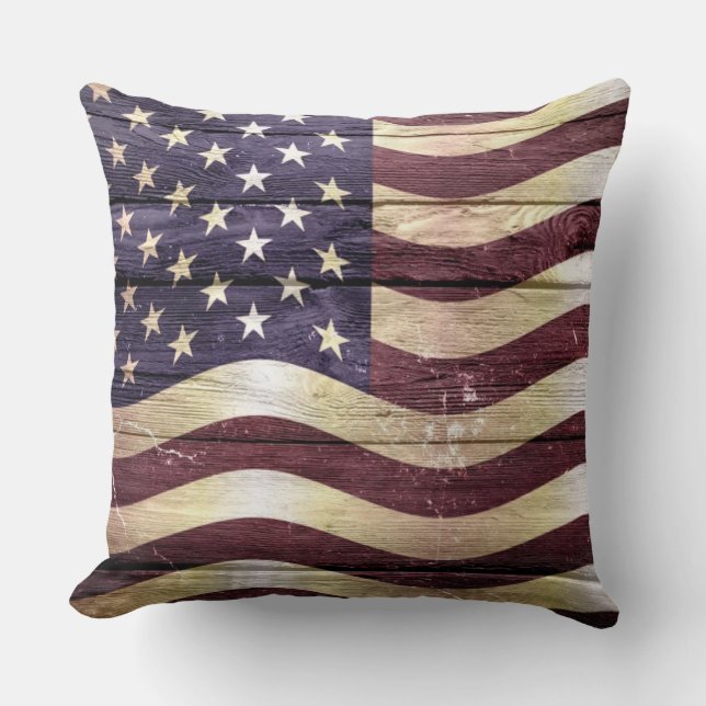American Flagga Vintage Wood Kudde (Framsida)