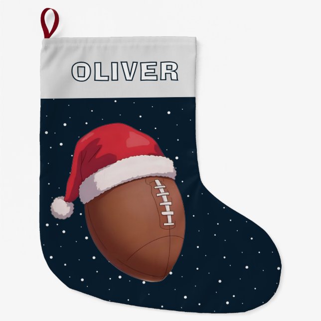 American Football Ball Red Santa Hat Name Stor Julstrumpa (Framsidan)