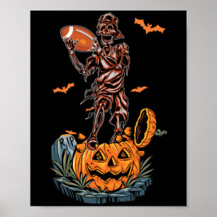American Football Skeleton Halloween Pumpkin & Fla Poster