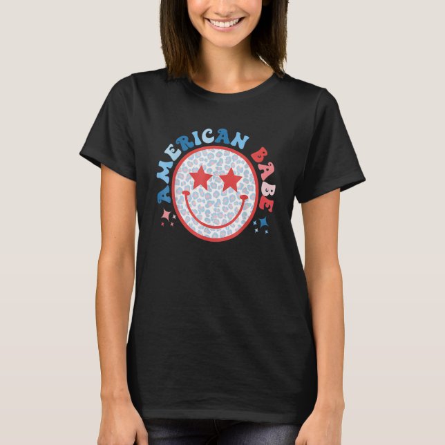 American Girls Babe Leopard Smile Face 4th of July T Shirt (Framsida)