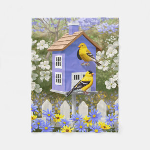 American Goldfinch Bird House Blomsterträdgård Fleecefilt