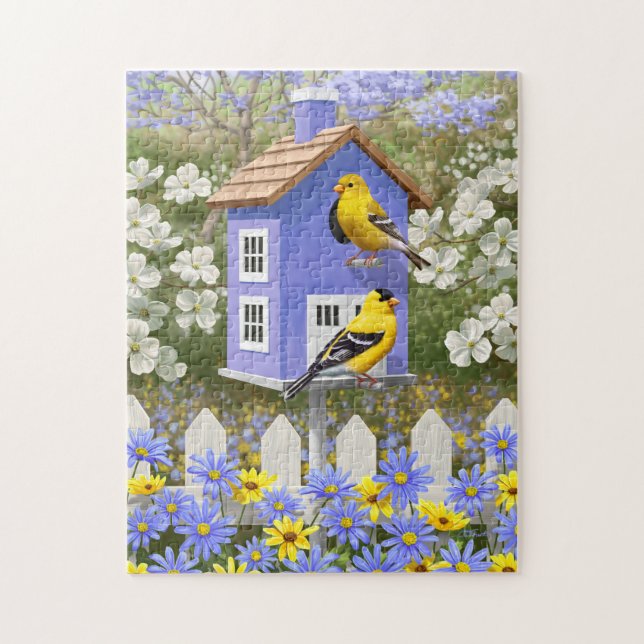 American Goldfinch Bird House Blomsterträdgård Pussel (Vertikal)