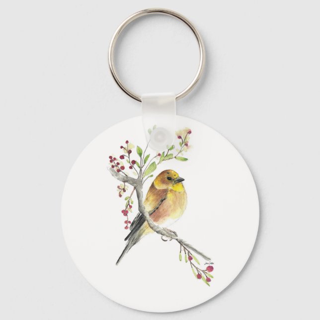 American Goldfinch Bird Watercolor Art Keychain Nyckelring (Framsida)