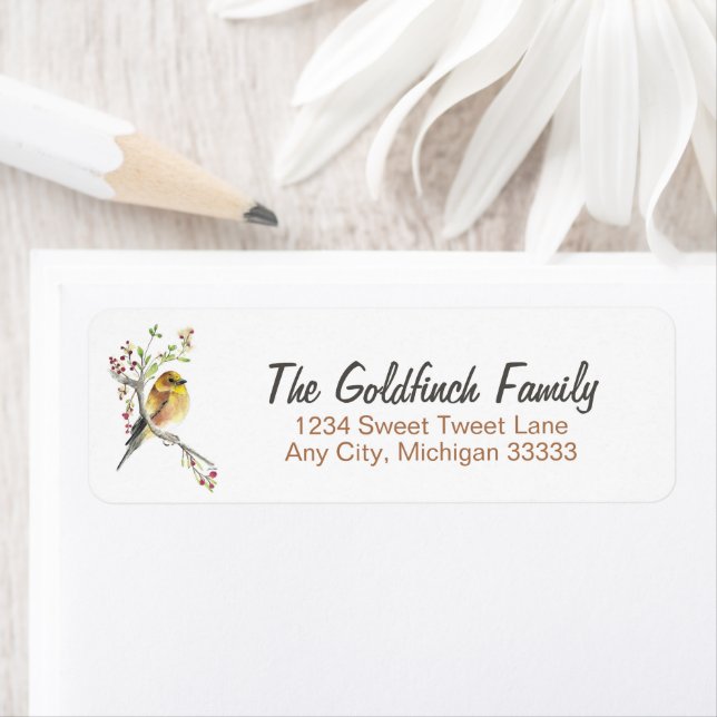 American Goldfinch Bird Watercolor Art Returadress Etikett (Insitu)