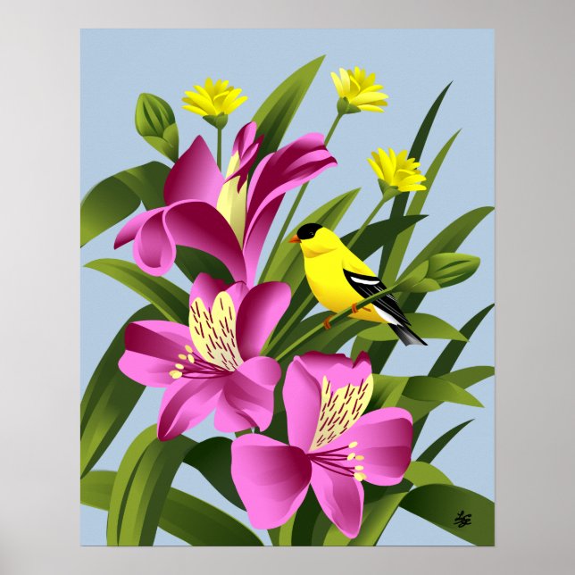 American Goldfinch och Alstroemeria Flower Art Poster (Framsidan)