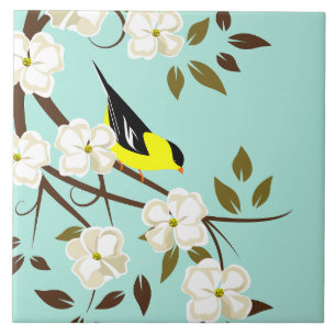 American Goldfinch och Dogwood Flower Kakelplatta