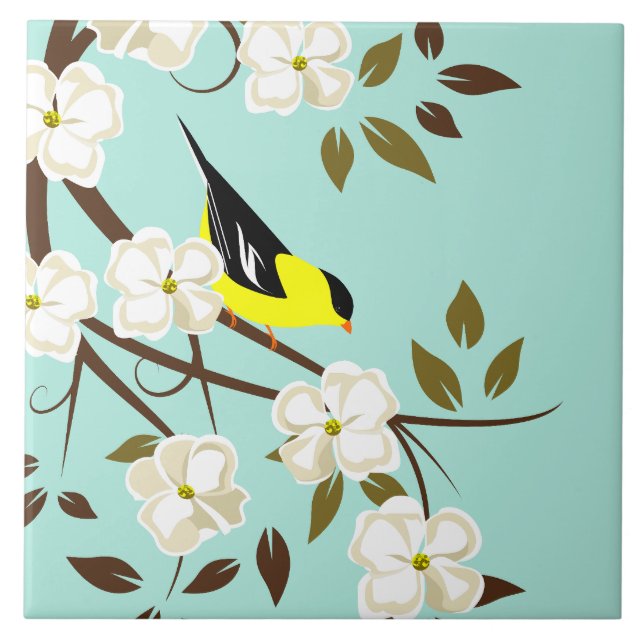 American Goldfinch och Dogwood Flower Kakelplatta (Framsidan)