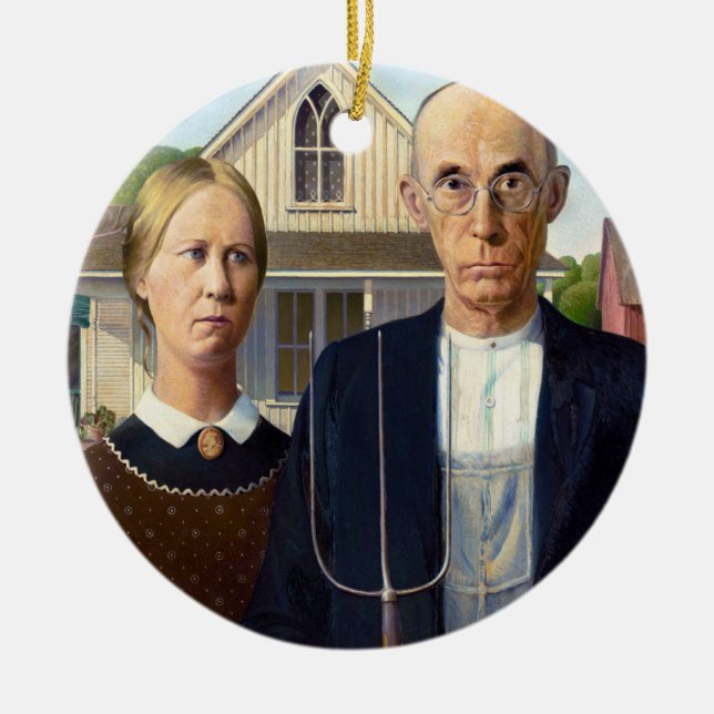 American Gothic Classic Painting Grant Wood Julgransprydnad Keramik (Framsidan)