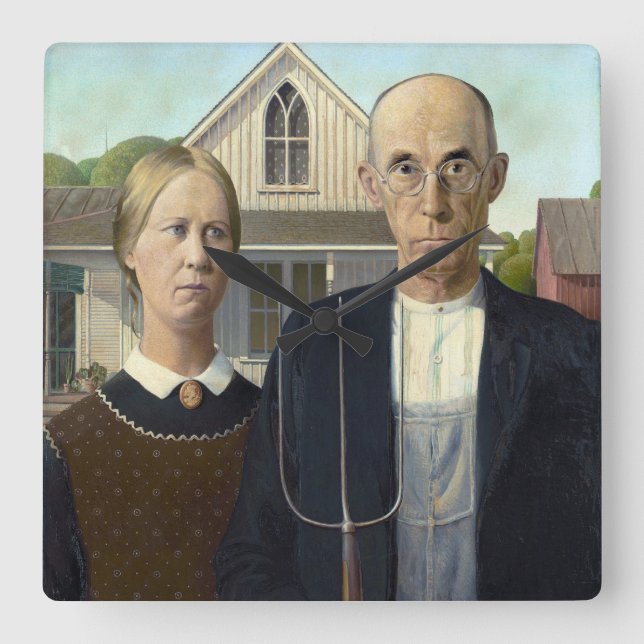 American Gothic Painting by Grant Wood Fyrkantig Klocka (Framsida)