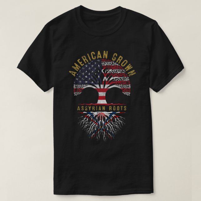 American Grown Assyrian Roots Träd Flagga Familj H T Shirt (Design framsida)