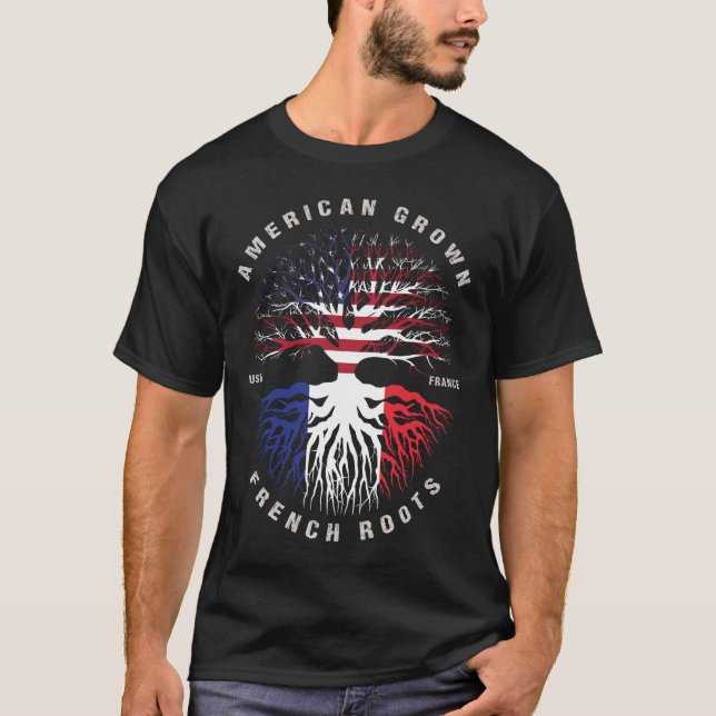 American Grown Fransk Roots Frankrike Flagga T Shirt (Framsida)