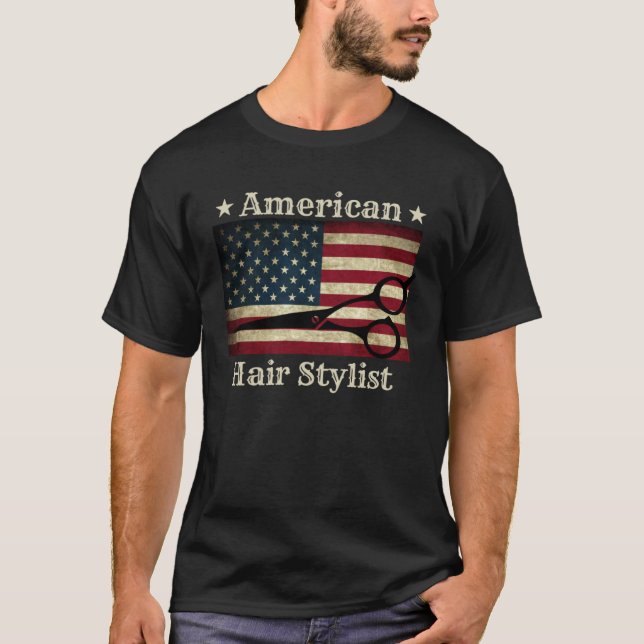 American Hair Stylist  Shears Tools American Flag  T Shirt (Framsida)