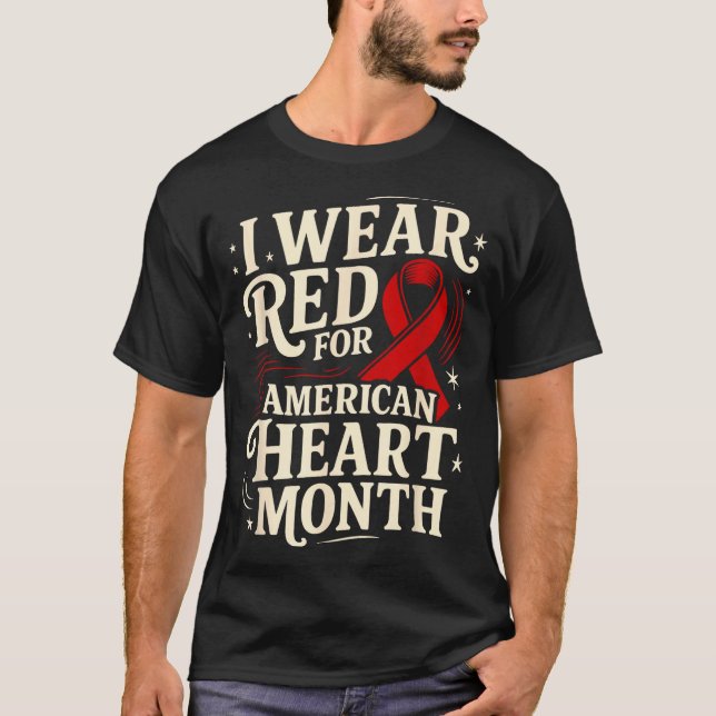 American Heart Disease Awareness Month Ribbon Red  T Shirt (Framsida)
