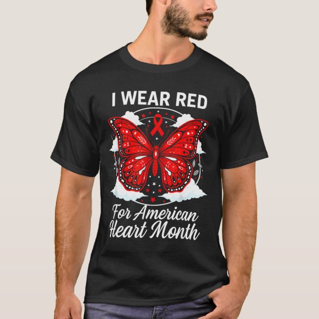 American Heart Disease Awareness Month Ribbon Red  T Shirt (Framsida)
