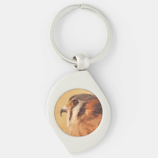 American Kestrel Painting - Original Bird Art Swirl Silverfärgad Nyckelring (Framsidan)