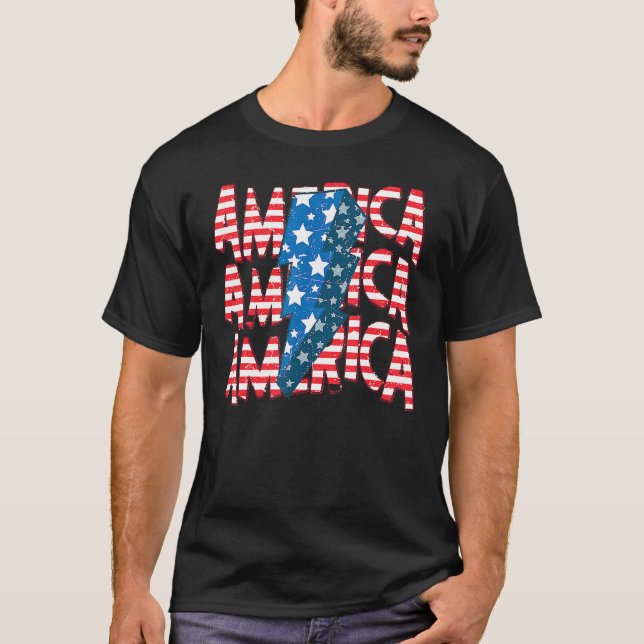 American Lightning Bolt USA Flag 4th Of July Indep T Shirt (Framsida)