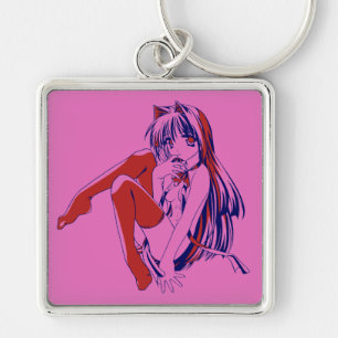 American Manga Neko Catgirl Kawaii Anime Fyrkantig Silverfärgad Nyckelring