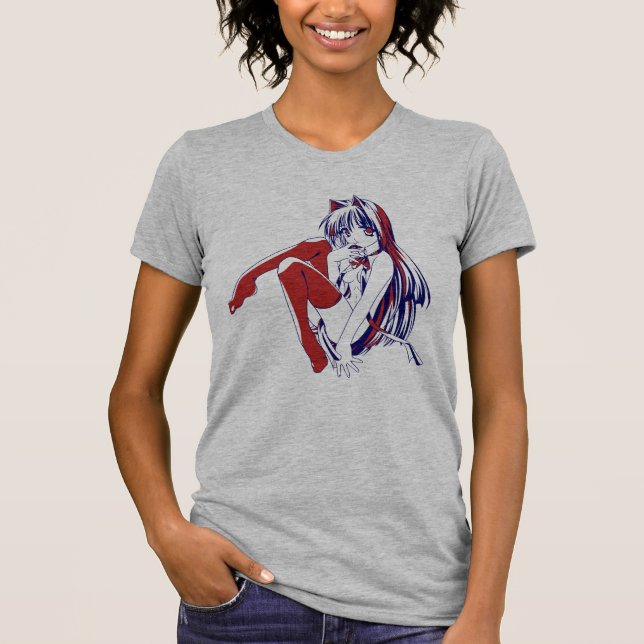 American Manga Neko Catgirl Kawaii Anime T Shirt (Framsida)