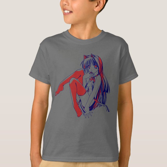 American Manga Neko Catgirl Kawaii Anime T Shirt (Framsida)