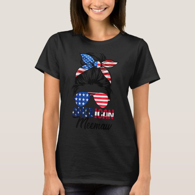 American Meemaw Messy Bun Matching 4:e juli T Shirt (Framsida)