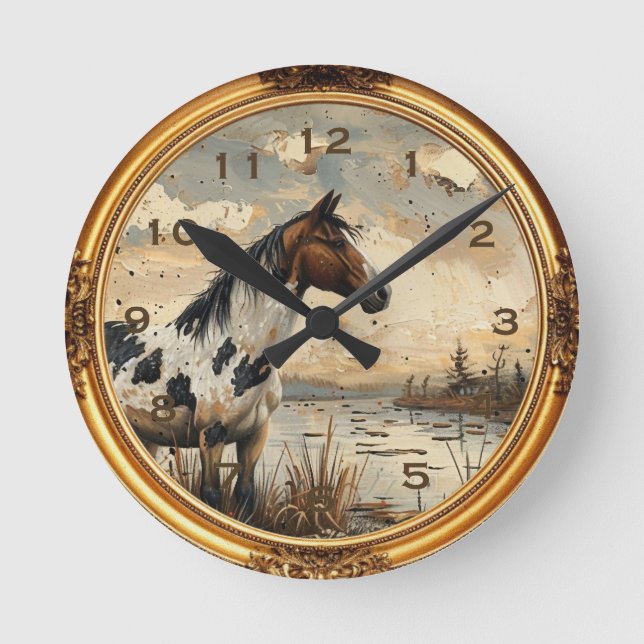 American Mustang Vild Horse Western Wall Clock Rund Klocka (Framsida)