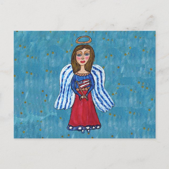 American Patriotic Angel Holding USA flagga Stars Vykort (Framsida)