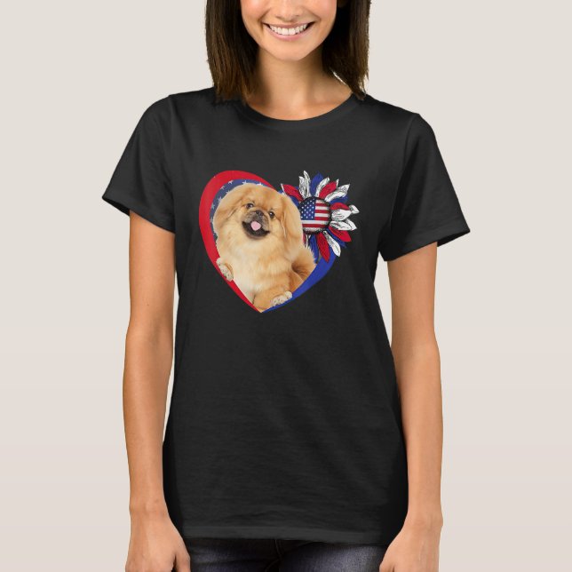 American Pekingese Dog Heart 4th Of July USA Flag  T Shirt (Framsida)