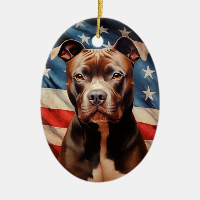 American Pit Bull Terrier American flagga Julgransprydnad Keramik (Framsidan)