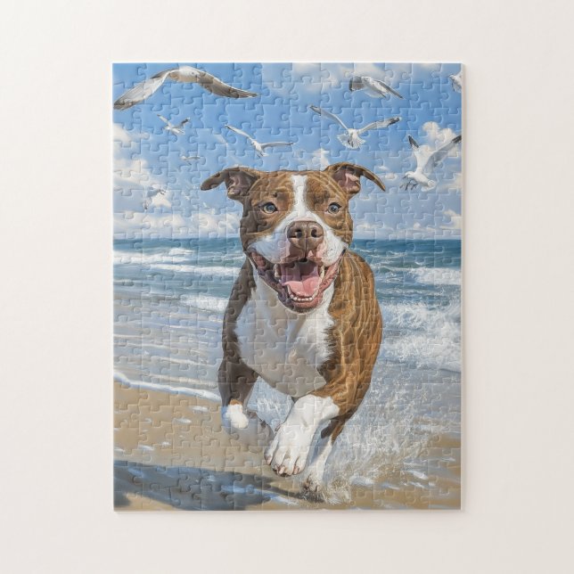 American Pit Bull Terrier på stranden Pussel (Vertikal)