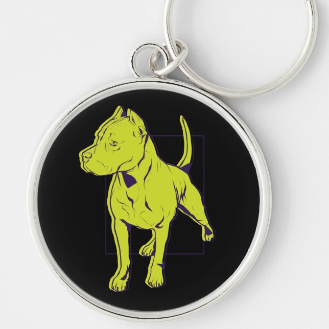 American Pit Bull Terrier Porträtt Rund Silverfärgad Nyckelring (Framsidan)