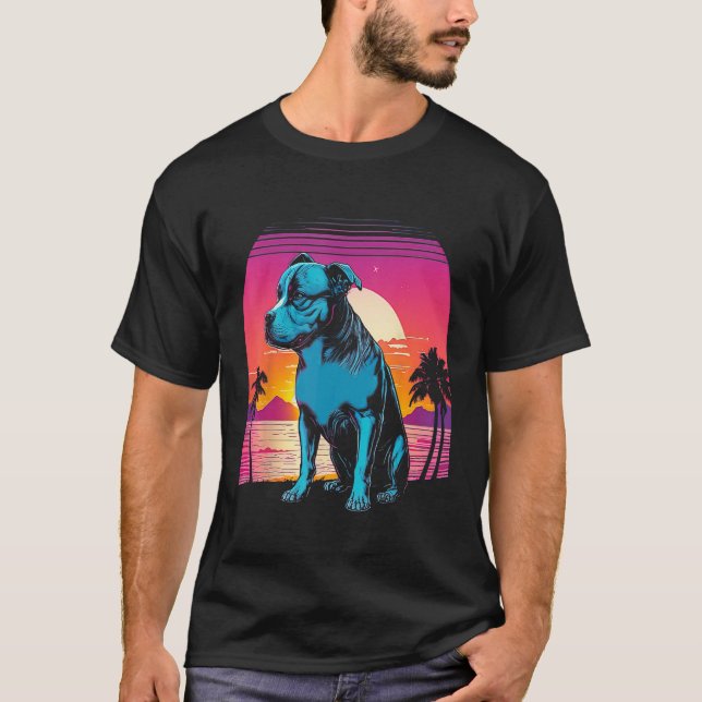 American Pit Bull Terrier Retro 80s Style Sunset T Shirt (Framsida)