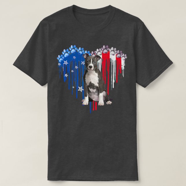 American Pitbull Hund Heart 4:e juli USA flagga Pa T Shirt (Design framsida)
