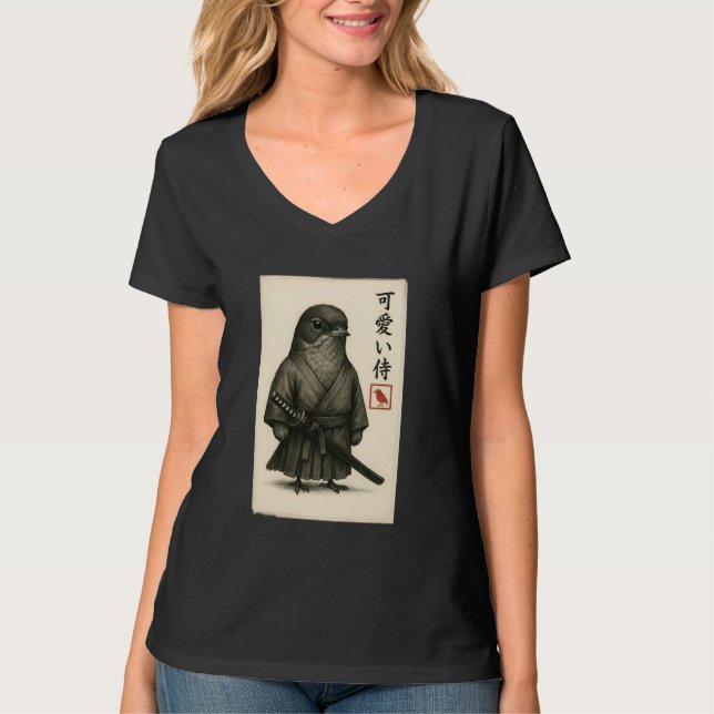American Robin Samurai Ink Art Sumi-e Style Novelt T Shirt (Framsida)