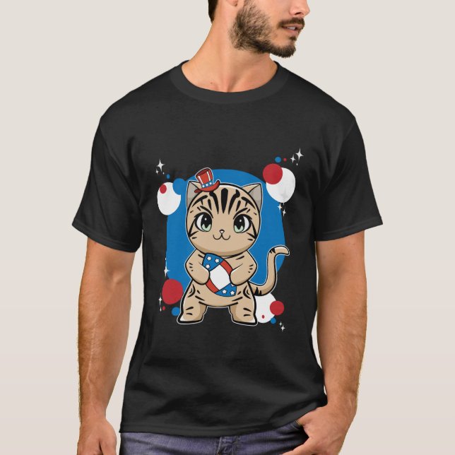 American Shorthair Cat With Football 4th Of July T Shirt (Framsida)