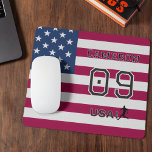 American Soccer Athlete Personalized Stars Stripes Musmatta<br><div class="desc">Enhance your workspace with this high-quality mousepad featuring a bold "Team USA" soccer theme. This durable desk accessory provides a smooth surface for precise tracking while showcasing your national pride with a vibrant stars and stripes background. The design is fully personalizable with a custom name and jersey number, both featuring...</div>