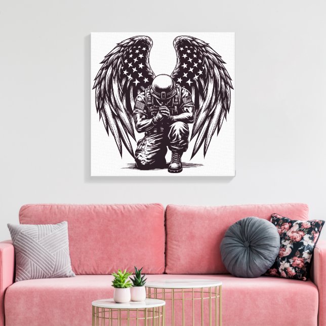 American Soldier Angel Praying USA flagga Art Canvastryck (Insitu (Vardagsrum))