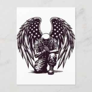 American Soldier Angel Praying USA flagga Art Vykort