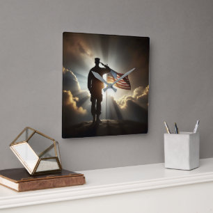 American Soldier Saluting United Stater Flagga Fyrkantig Klocka