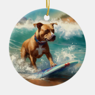 American Stafford Dshire Beach Surfing Painting Julgransprydnad Keramik