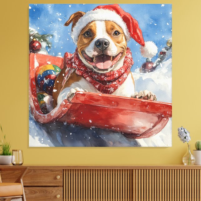 American Staffordshire i släde jul Canvastryck (Insitu (Vardagsrum))