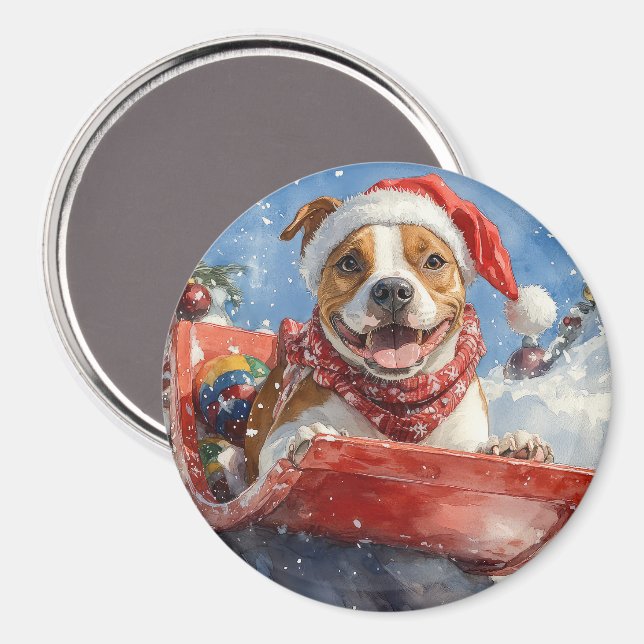 American Staffordshire i släde jul Magnet (Front/Back)