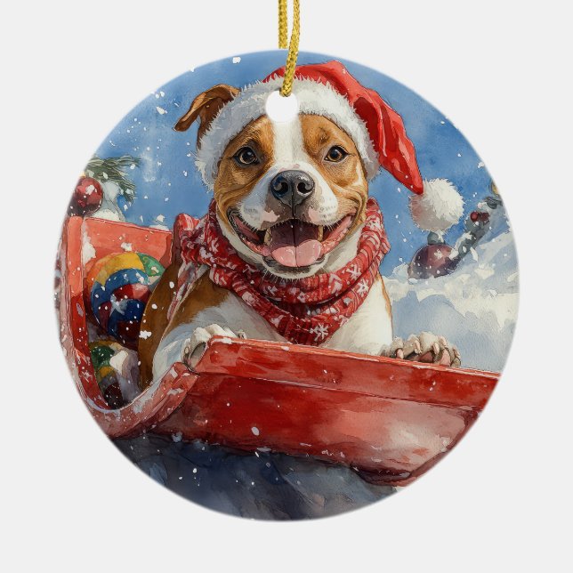 American Staffordshire i Sledge Christmas Julgransprydnad Keramik (Framsidan)
